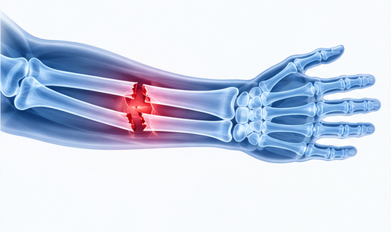 Medical illustration of a fractured forearm
