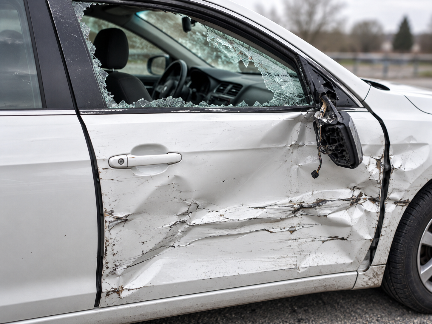 Passenger side of a rideshare vehicle damaged in a collision